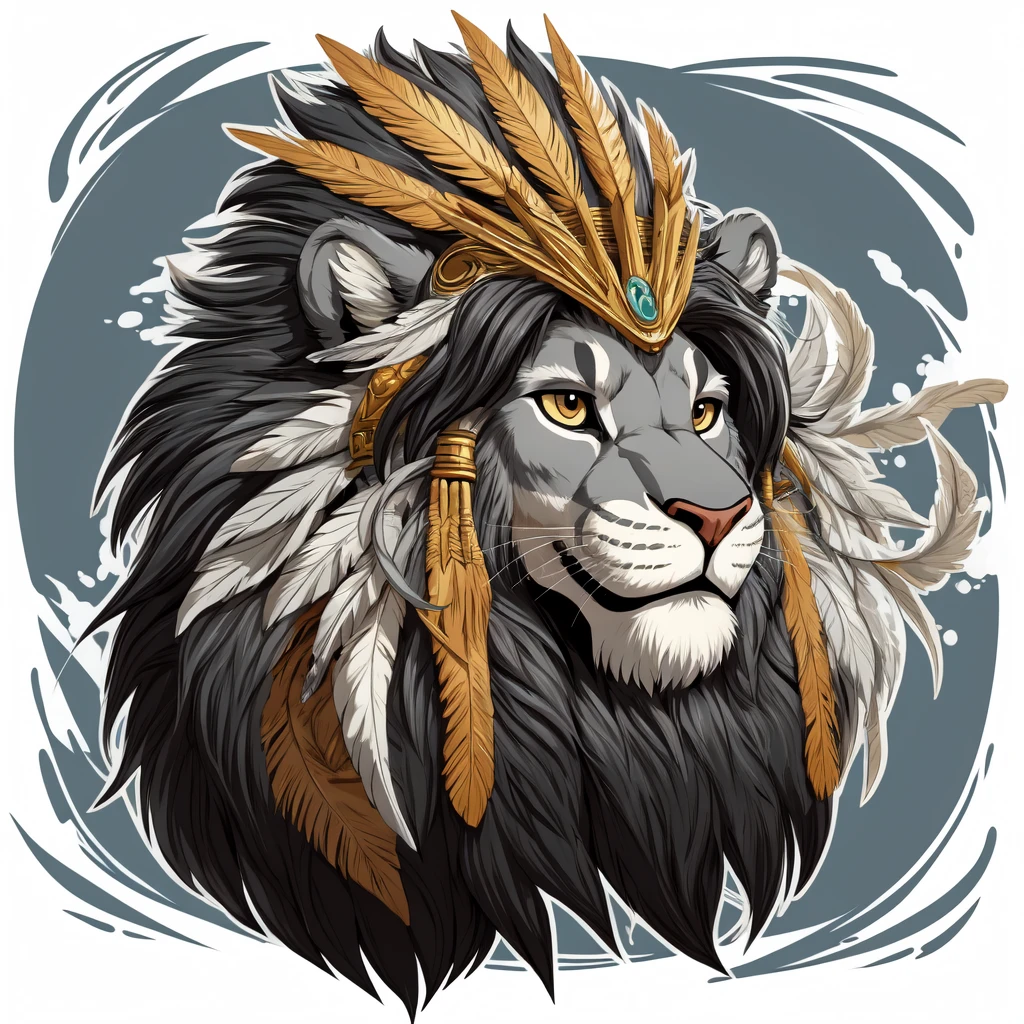 mictecacihuatl lion god of death black and grey vector style , highly detailed lion as face with feather headdress 