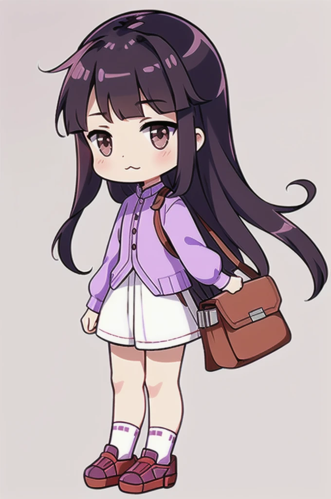 Concept art, original character design, Q version of characters, 1girl, 独奏, Light purple long hair, chibi, brown eyes, bag, hat, white background, simple background, bangs,, full body, holding, :3, shorts, shoes, long sleeves, blunt bangs, roma (kancolle), shirt, blush, shoulder bag, socks,