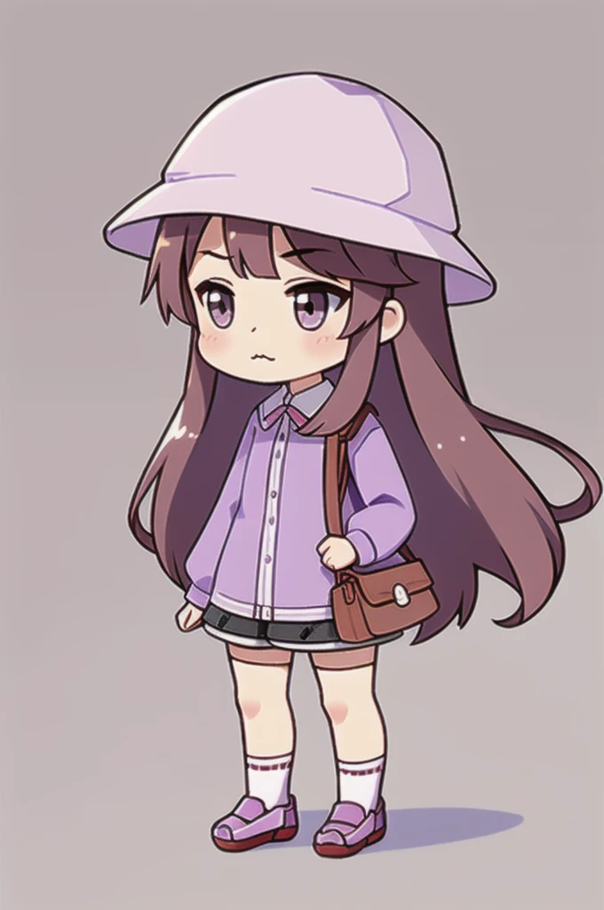 Concept art, original character design, Q version of characters, 1girl, 独奏, Light purple long hair, chibi, brown eyes, bag, hat, white background, simple background, bangs,, full body, holding, :3, shorts, shoes, long sleeves, blunt bangs, roma (kancolle), shirt, blush, shoulder bag, socks,