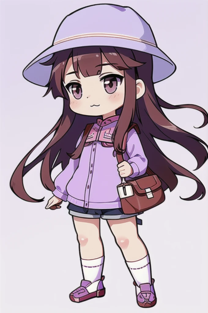 Concept art, original character design, Q version of characters, 1girl, 独奏, Light purple long hair, chibi, brown eyes, bag, hat, white background, simple background, bangs,, full body, holding, :3, shorts, shoes, long sleeves, blunt bangs, roma (kancolle), shirt, blush, shoulder bag, socks,