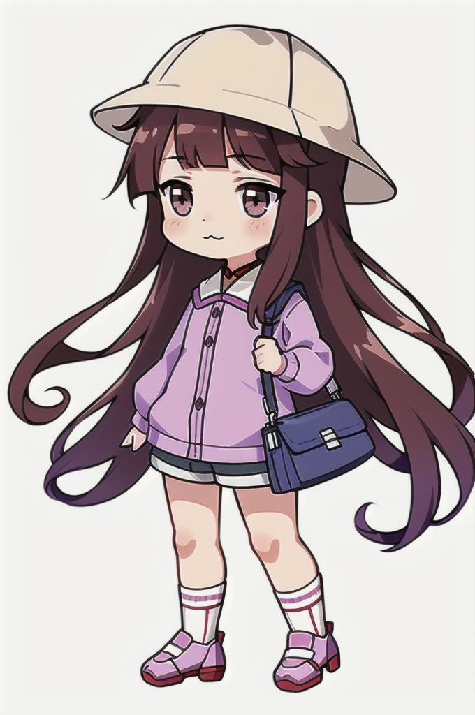 Concept art, original character design, Q version of characters, 1girl, 独奏, Light purple long hair, chibi, brown eyes, bag, hat, white background, simple background, bangs,, full body, holding, :3, shorts, shoes, long sleeves, blunt bangs, roma (kancolle), shirt, blush, shoulder bag, socks,