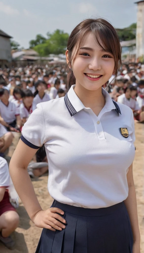 1girl, (uniform), outdoors, detailed face, detailed eyes, huge breasts, shiny skin, looking at the audience, (smiling cute: 1.2), (happy), (8k, RAW photo, best quality, masterpiece: 1.2), (realistic, realistic: 1.37), ultra-high resolution, intricate detail, highly detailed