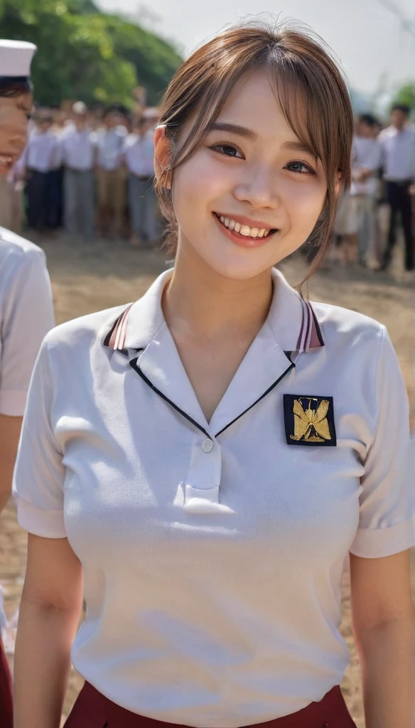 1girl, (uniform), outdoors, detailed face, detailed eyes, huge breasts, shiny skin, looking at the audience, (smiling cute: 1.2), (happy), (8k, RAW photo, best quality, masterpiece: 1.2), (realistic, realistic: 1.37), ultra-high resolution, intricate detail, highly detailed