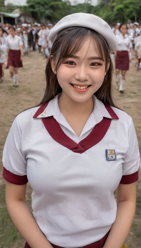 1girl, (uniform), outdoors, detailed face, detailed eyes, huge breasts, shiny skin, looking at the audience, (smiling cute: 1.2), (happy), (8k, RAW photo, best quality, masterpiece: 1.2), (realistic, realistic: 1.37), ultra-high resolution, intricate detail, highly detailed