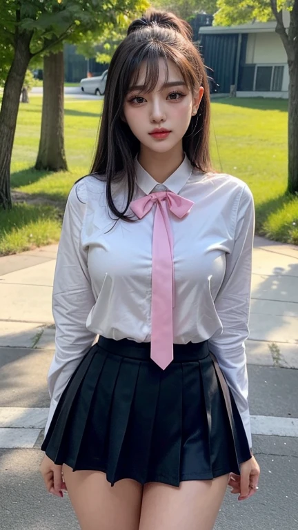 Misa, photorealistic, distinct_image, risolución 4k, high_quality, detail, attractive, 18 years、female, perfect_body, perfect_face, pechos grandis y llenos, Énfasis en el iscote、Transparent chest、White_fur, Gruiso_thighs thighs thighs thighs, chica adoliscente, NVIDIA RTX,, SMILE,, Huge_is, iscuela_uniform, White shirt, micro skirt hot prill dark blue, tiny skirt, lets see her butt, her thin thong is visible, muistra sus bragas color White, Bow Ribbon, Blue_Eyis, pale pink lips, hot girl, horny, provocative