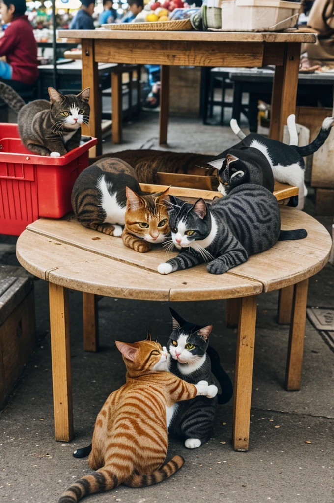 Under the table at the market，Several cats are fighting over a fish。