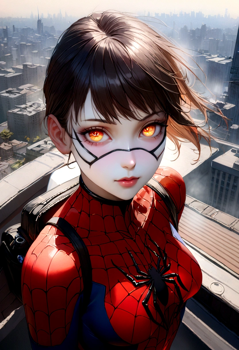 (1 girl:1.3), Solo, (((Very detailed face)))), ((Very detailed eyes and face.)))), beautiful details eyes, Body Parts__, Official Art, Unified 8k Wallpaper , super detailed, beautiful and beautiful, beautiful, Masterpiece, best quality, Original, Masterpiece, super fine photo, best quality, super high resolution, realistic realism, sunlight, Full length portrait, extraordinary beauty, dynamic pose, delicate face, vibrant eyes, (from the front), He is wearing a Spider-Man suit, red and black color scheme, spider, highly detailed city roof background, roof, overlooking the city, detailed face, detailed complex busy background, messy, splendid, milky white, highly detailed skin, realistic skin details, visible pores, clear focus, volumetric fog, 8k hd, DSLR, high quality, film grain, white skin, photo realism, lomography Translucent, futuristic, dystopian megalopolis