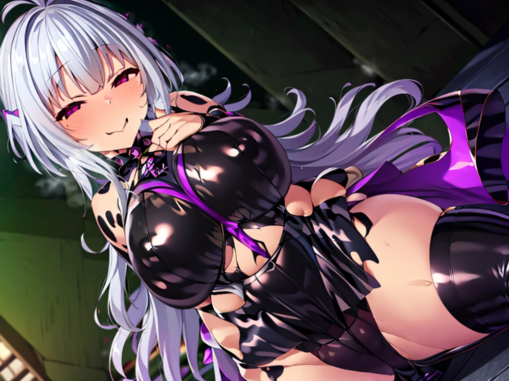 (8K, Highest quality, masterpiece:1.2),\(eye\),(\(Garment Details\)\),(Huge boobs) ,高画質CG Unity 8K ファイルサイズが大きい,Very detailed,High resolution,美しいeye,Ray Tracing,Dramatic Shadows,finely,Hyper Detail,(1 girl:1.3),(alone),Long Hair、wear(Cosplay_,Very cute black and purple lingerie with frills,Short skirt),blush、Thick thighs、((eyeに見えるパンティー))、((Black panties))、Knee socks、Two-dimensional woman、(((Squat)))、((Face forward and spread your legs wide))、Simple Background、Sweat a lot