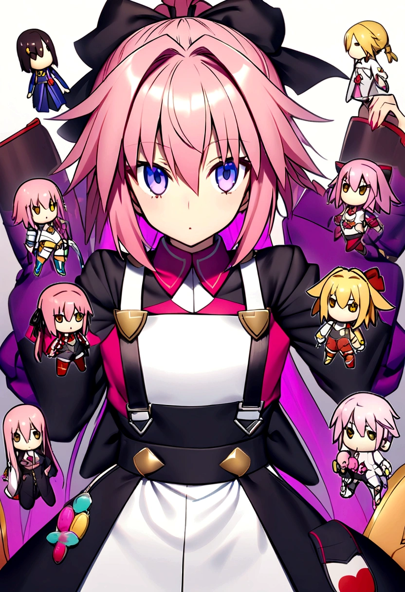 (((Fate Grand Order))) Astolfo has a slender build with striking pink hair that he often keeps tied back in a ponytail. He wears a standard-issue engineer uniform modified with a few personal touches, such as colorful patches and pins. His eyes are a captivating shade of purple, and his overall appearance exudes an air of both professionalism and playful mischief. Astolfo carries a customized toolkit adorned with stickers and a keychain shaped like a tiny animatronic head.