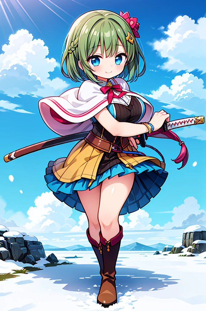 Fantasy,((Masterpiece)),((high resolution)),((Best Quality)),Anime illustration,((1girl)),(ウェーブがかったshort hair),(short hair),(Dark green hair),Braid,Large round light blue eyes,Droopy eyes,,baby face anasts,(very big breasts),(child),Short stature,veless white blouse,Blue mini skirt,slit,Brown corset,brown capelet,smile,Golden hair ornament,Brown long boots,blue sky,Snow Mountain,Full body image,Battoujutsu,
