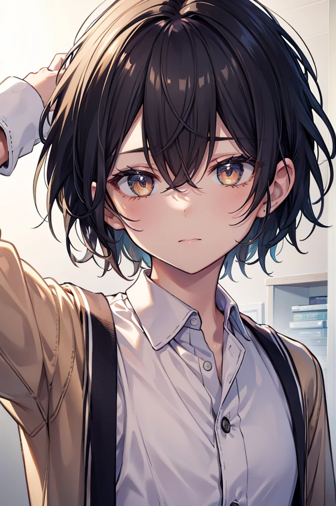 1.5, best quality, high quality, High definition, High quality texture, high detail, beautiful detailed, finely detailed, extremely detailed cg, detailed texture, 1man, boy, male, ((meek)), black hair, short hair, small bandages on face, bandages on hands, baggy cardigan, white button up, close up, portrait, kind, ((high school)), warm colors