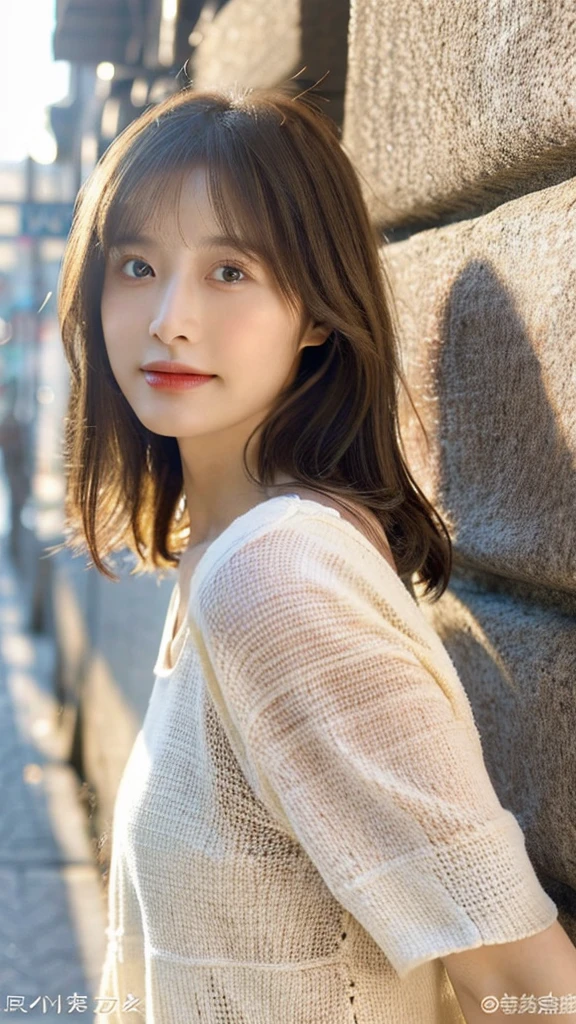 (8k, highest quality, masterpiece: 1.2), Super detailed, highest quality, Ultra-high resolution, Depth of written boundary,(Super detailedな,Caustics),(Photorealistic:1.4,RAW shooting,)Ultra-Realistic Capture,(Very detailed,High definition 16K for human skin,The skin texture is natural,Skin appears even-toned and healthy),(Use natural light and colour,One Woman Wide Lighting,Natural Shading),Japanese,1 girl, Beautiful Eyes, Short, Brown hair, Showing forehead, Mature hairstyle, **White long dress, Facing forward, Upper body facing forward**, Resort wear, Beach, (Sunlight:1.4)