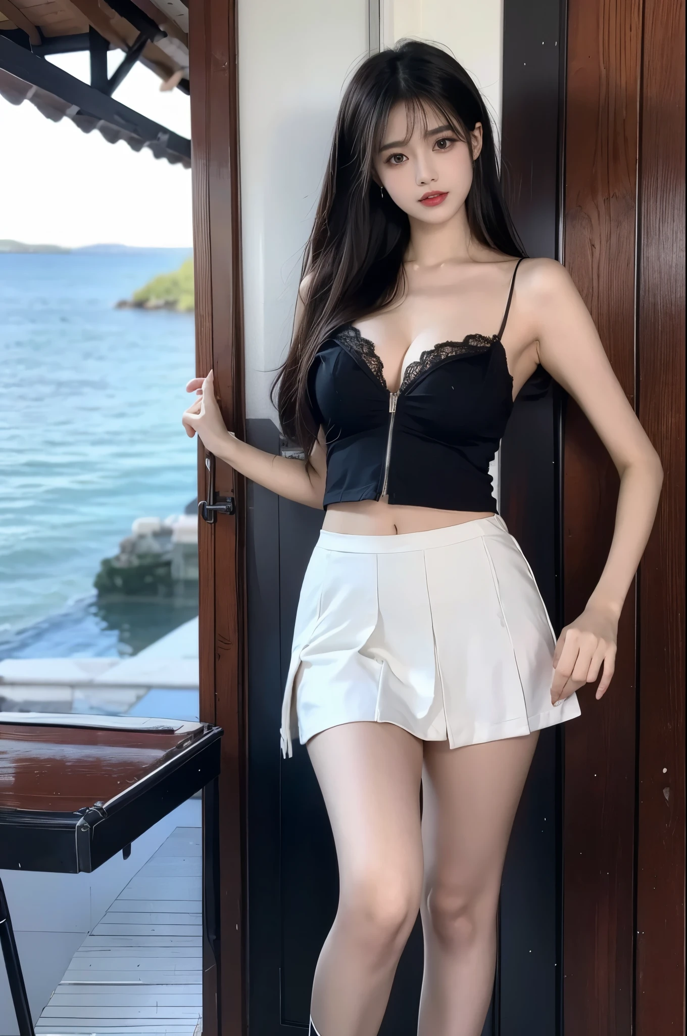 airasia uniform, ((Large Breasts)), ((D cup)), Visible cleavage,Highly detailed face and skin texture,Double eyelids,Skin Whitening,Long hair,Whitening long legs,Standing by the sea, Fashion Girl, Red lips, Sweet Girl, Beautiful makeup, detail, lifelike, Very detailed, Astonishing, beautiful, Young and energetic, high quality,HD, Colorful, Beautifully, Smooth skin, The skirt is very short, Official Art, Extremely detailed, Movie atmosphere, Soft colors, Natural skin texture, Random scene, random shooting Angle, Black over-the-knee socks, lace hem