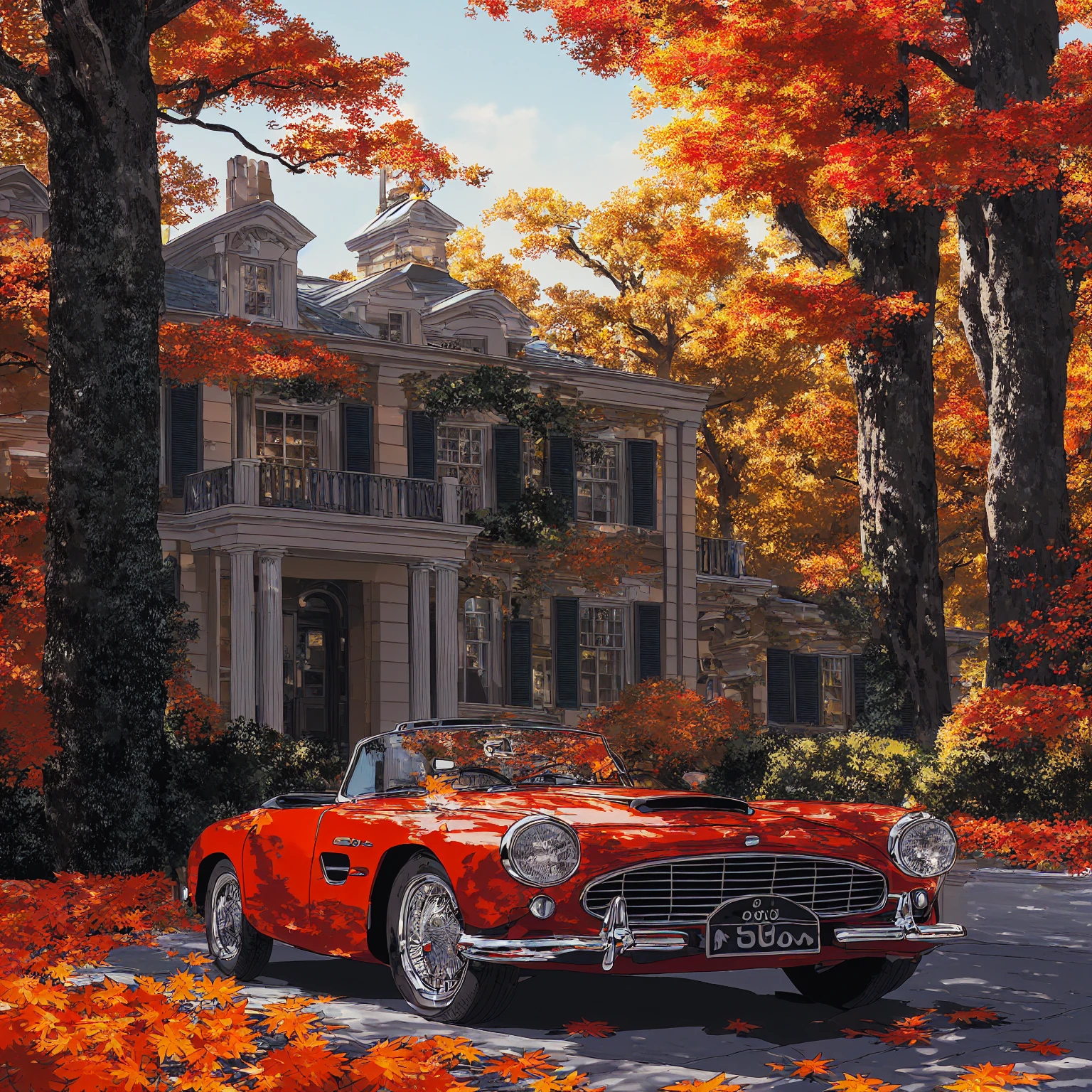 Close-up of a convertible car roof A convertible car parked in front of an elegant mansion on the street. The scene was depicted in the style of cartoon, flat design, American comic book illustration, with high resolution, high detail, bright colors, simple lines, and from a top view closeup perspective as autumn leaves fell from trees nearby