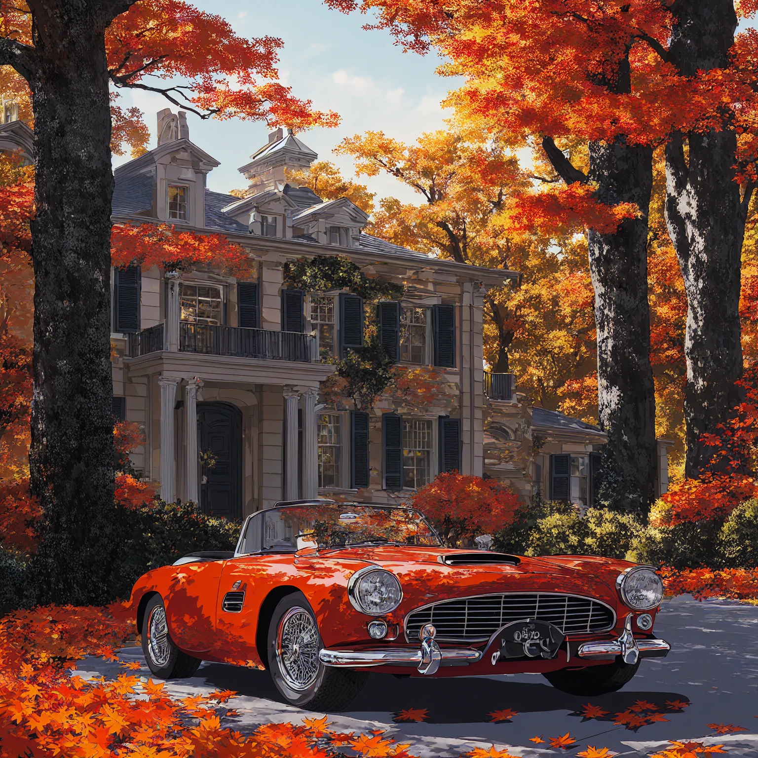 Close-up of a convertible car roof A convertible car parked in front of an elegant mansion on the street. The scene was depicted in the style of cartoon, flat design, American comic book illustration, with high resolution, high detail, bright colors, simple lines, and from a top view closeup perspective as autumn leaves fell from trees nearby