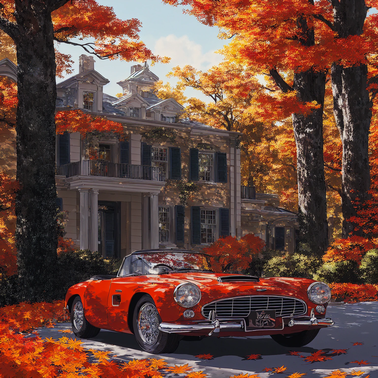 Close-up of a convertible car roof A convertible car parked in front of an elegant mansion on the street. The scene was depicted in the style of cartoon, flat design, American comic book illustration, with high resolution, high detail, bright colors, simple lines, and from a top view closeup perspective as autumn leaves fell from trees nearby