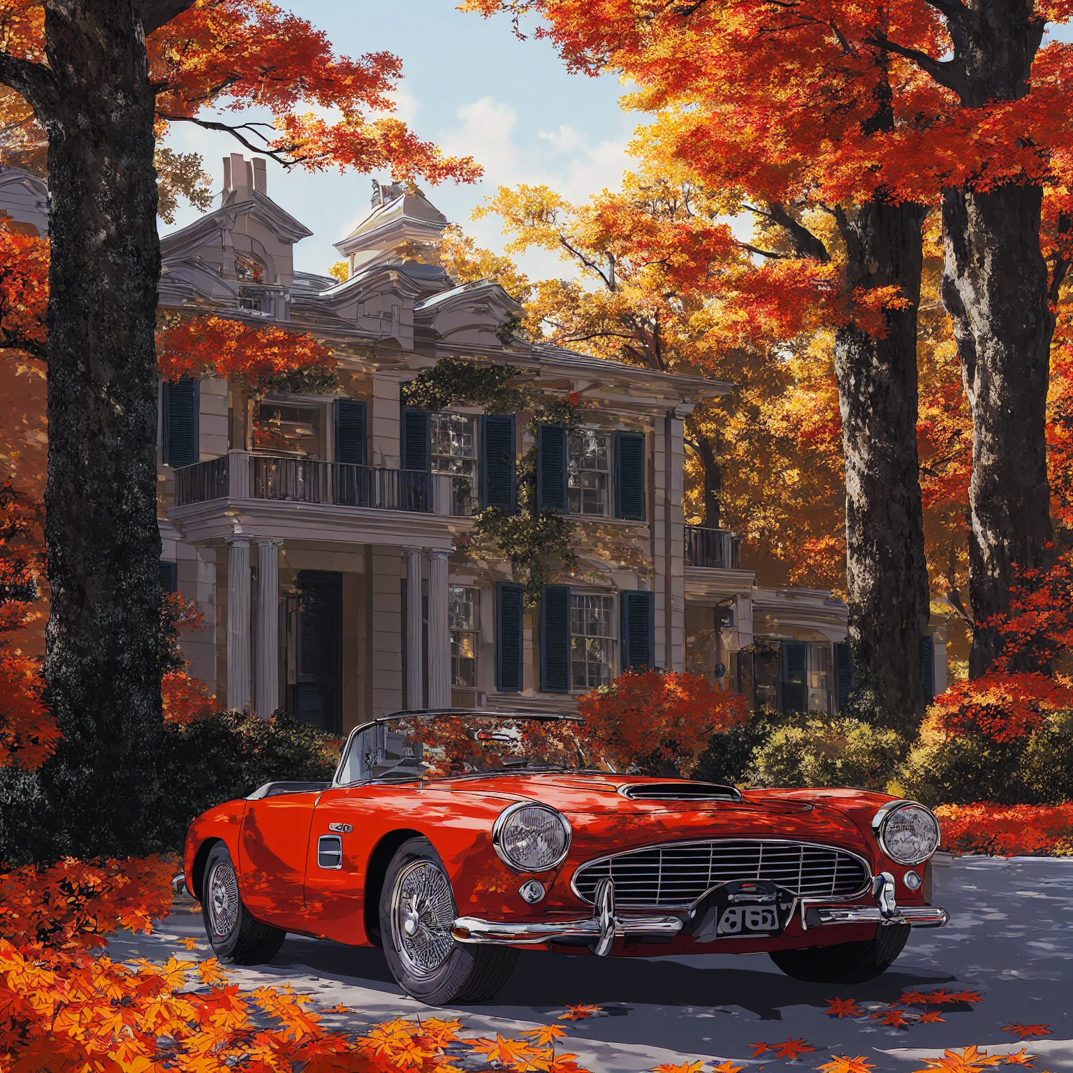 Close-up of a convertible car roof A convertible car parked in front of an elegant mansion on the street. The scene was depicted in the style of cartoon, flat design, American comic book illustration, with high resolution, high detail, bright colors, simple lines, and from a top view closeup perspective as autumn leaves fell from trees nearby