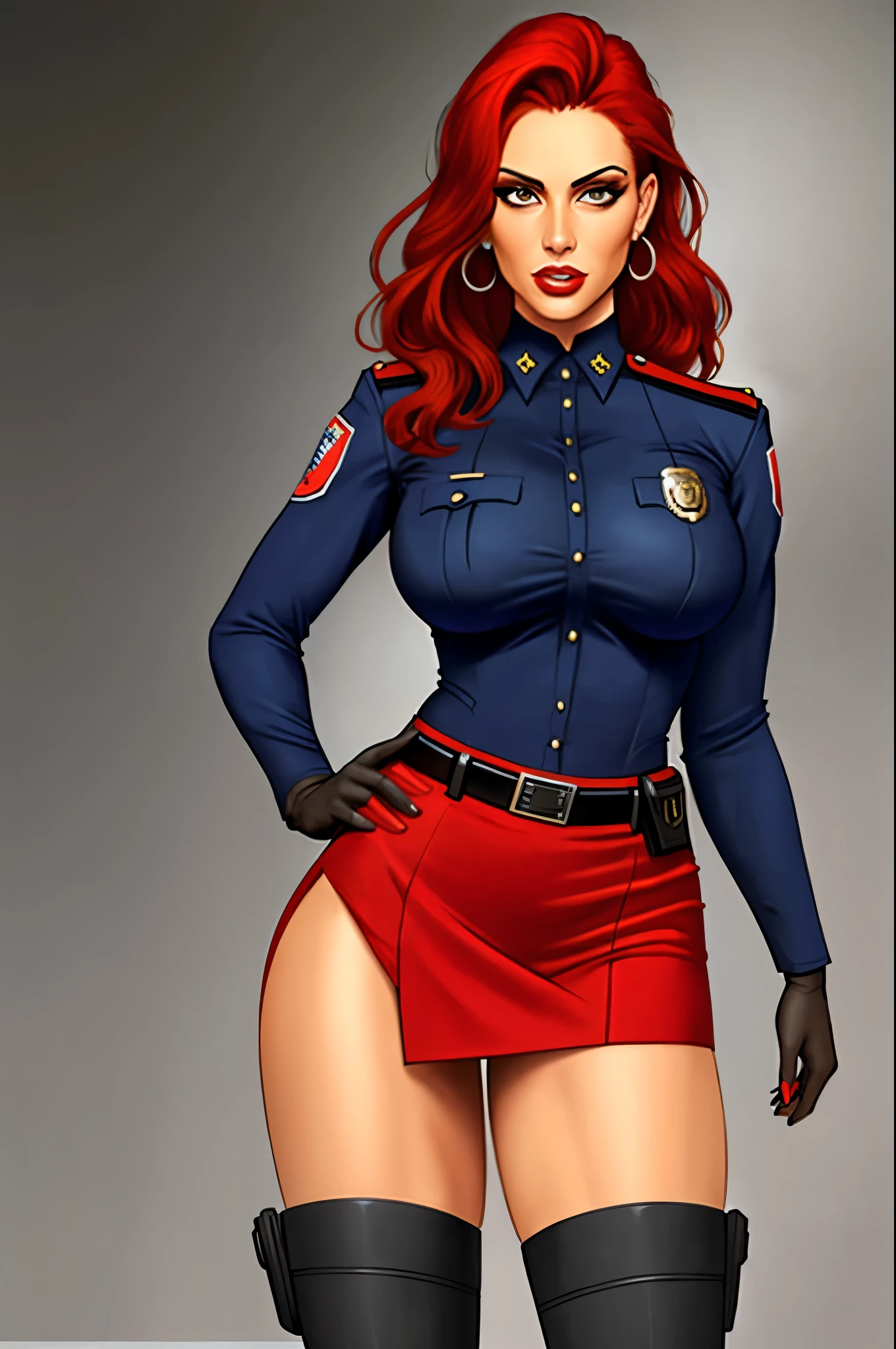 Busty cop, sexy uniform. realistic, red hair, short skirt
