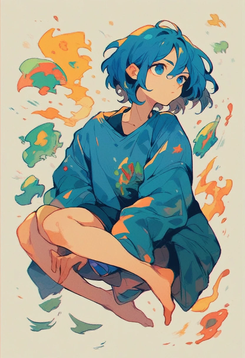 Girl, blue hair, medium hair, blue eyes, joint, hawaii without pattern, blue hawari