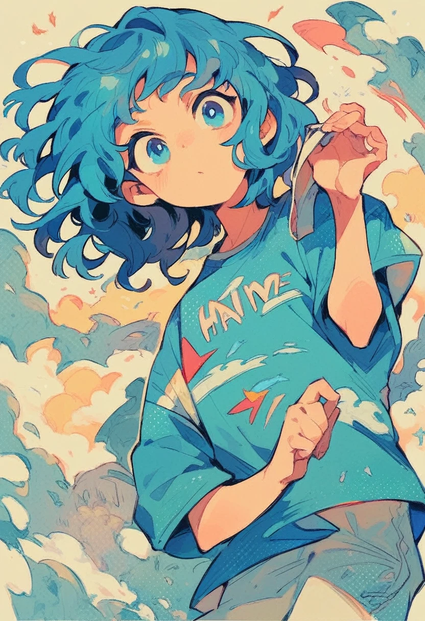 Girl, blue hair, medium hair, blue eyes, joint, hawaii without pattern, blue hawari