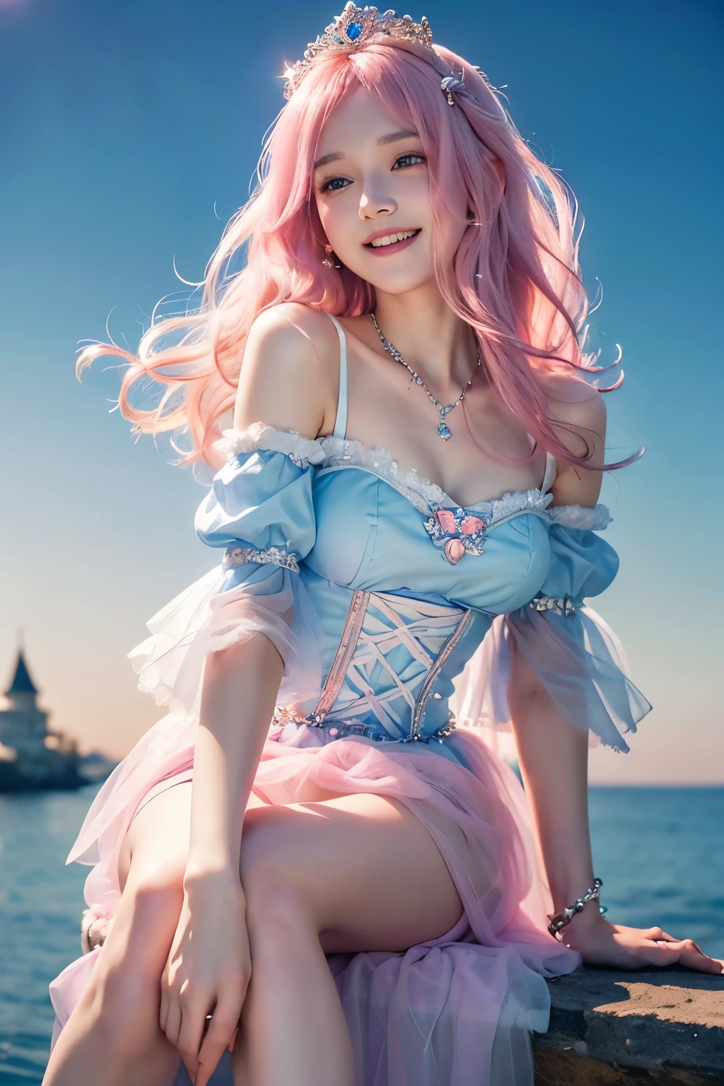 (8K, top-quality, masterpiece:1.2), (reallistic, Photorealsitic:1.37), Super Detail, One girl,), (Highly detailed), (beautifully detailed eyes), (of the highest quality), (super detailed ), (masterpiece), (Detailed face),20yr old, ,1 girl, ((pink hair,long hair)), medium breasts, clothed, Perfect Lighting, BREAK, (princess dress:1.5), (Cinderella:1.5), (fairytale, fantasy:1.3), (sky blue:1.2), (pastel pink:1.2), (white:1.2), (fur shawl:1.2), (corset:1karang), (puff sleeves:1.3), (organza blouse:1.2), (tulle skirt:1.3), (gradient colors:1.2), (wide lace trim:1.2), (ribbons:1.2), (beads:1.1), (glass slippers:1.2), (tiara:1.2), (star and moon motifs:1.2), (magic, dreams:1.1), BRAKE, (upper body to thighs:1.2), (long pink hair:1.2), (waves:1.1), (elegant fantasy style:1.1), (smiling gently:1.2), (face turned slightly:1.1), (right foot forward:1.1), (holding skirt:1.1), (white castle background:1.3), (A white bear in the background.:1.4), (dreamy lighting:1.2)