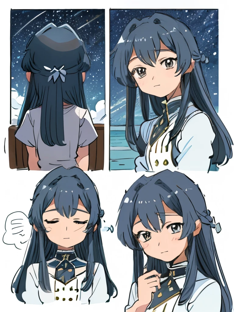 ((SFW)),multiple girls, multiple views, comic, Koma, border, chibi, simple background, chibi, simple background, stickers, different emotions, multiple expressions, happy, flustered, softly laughing, sleepy, tired, (best quality,4k,8k, high res,masterpiece:1.2), ((masterpiece)), (((best quality))), slightly muted colors, solo girl, 1 character only, same character, hair color, hairstyle fax, eyes, simple white background, clouds, flowy hair, stars in hair, adult, starry eyes, sea, ocean, celestial, hairstyle fax, deity, muted blue hair, sky-like hair with stars, ocean hair, soft smile, (({comforting aura})), many expressions
