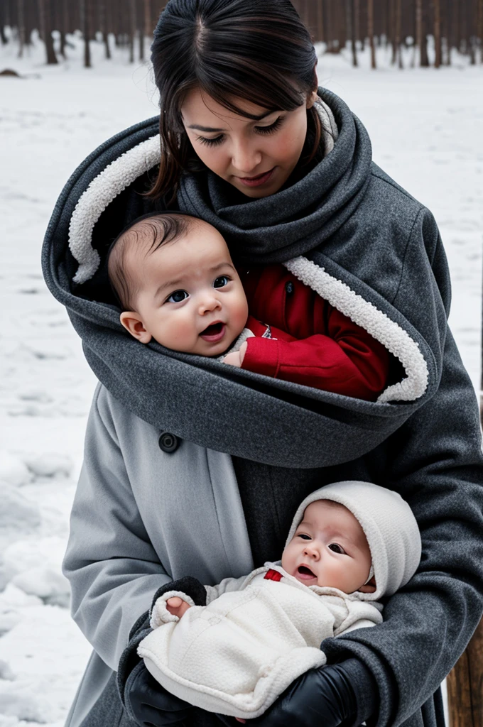 Create an image of a  being taken from its mother in a cold place.