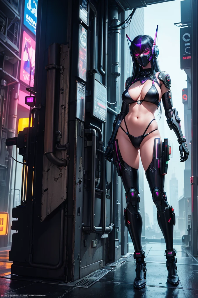 sexy pose, cyberpunk girl, skimpy rainbow robot bikini thong, robot mask, futuristic, intricate details, mechanical elements, neon lights, dark atmosphere, glowing eyes, chrome, hyper-realistic, cinematic lighting, masterpiece, 8k, photorealistic