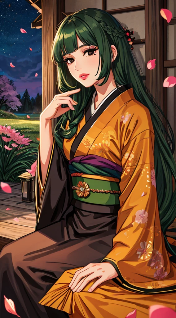 detailed hair, detailed background, detailed face, intricate, 1girl, (solo:1.3), (lips, woman, mature female, tall, mature:1.3), mystical forest, (mole under eye, bangs, hime cut, sidelocks, very long hair,lipstick, eyelashes:1.2), sitting on the ground, expressionless, kimono, black kimono, (green hair:1.3), (black eyes:1.4), (petals, falling petals:1.3), (dusk, night, evening:1.2), cinematic lighting, (light rays:0.7), grass, nice hands, parted lips