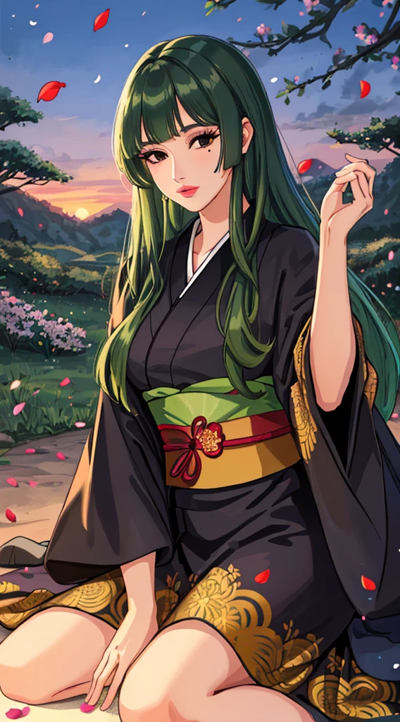 detailed hair, detailed background, detailed face, intricate, 1girl, (solo:1.3), (lips, woman, mature female, tall, mature:1.3), mystical forest, (mole under eye, bangs, hime cut, sidelocks, very long hair,lipstick, eyelashes:1.2), sitting on the ground, expressionless, kimono, black kimono, (green hair:1.3), (black eyes:1.4), (petals, falling petals:1.3), (dusk, night, evening:1.2), cinematic lighting, (light rays:0.7), grass, nice hands, parted lips