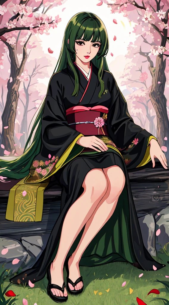 detailed hair, detailed background, detailed face, intricate, 1girl, (solo:1.3), (lips, woman, mature female, tall, mature:1.3), mystical forest, (mole under eye, bangs, hime cut, sidelocks, very long hair,lipstick, eyelashes:1.2), sitting on the ground, expressionless, kimono, black kimono, (green hair:1.3), (black eyes:1.4), (petals, falling petals:1.3), (dusk, night, evening:1.2), cinematic lighting, (light rays:0.7), grass, nice hands, parted lips