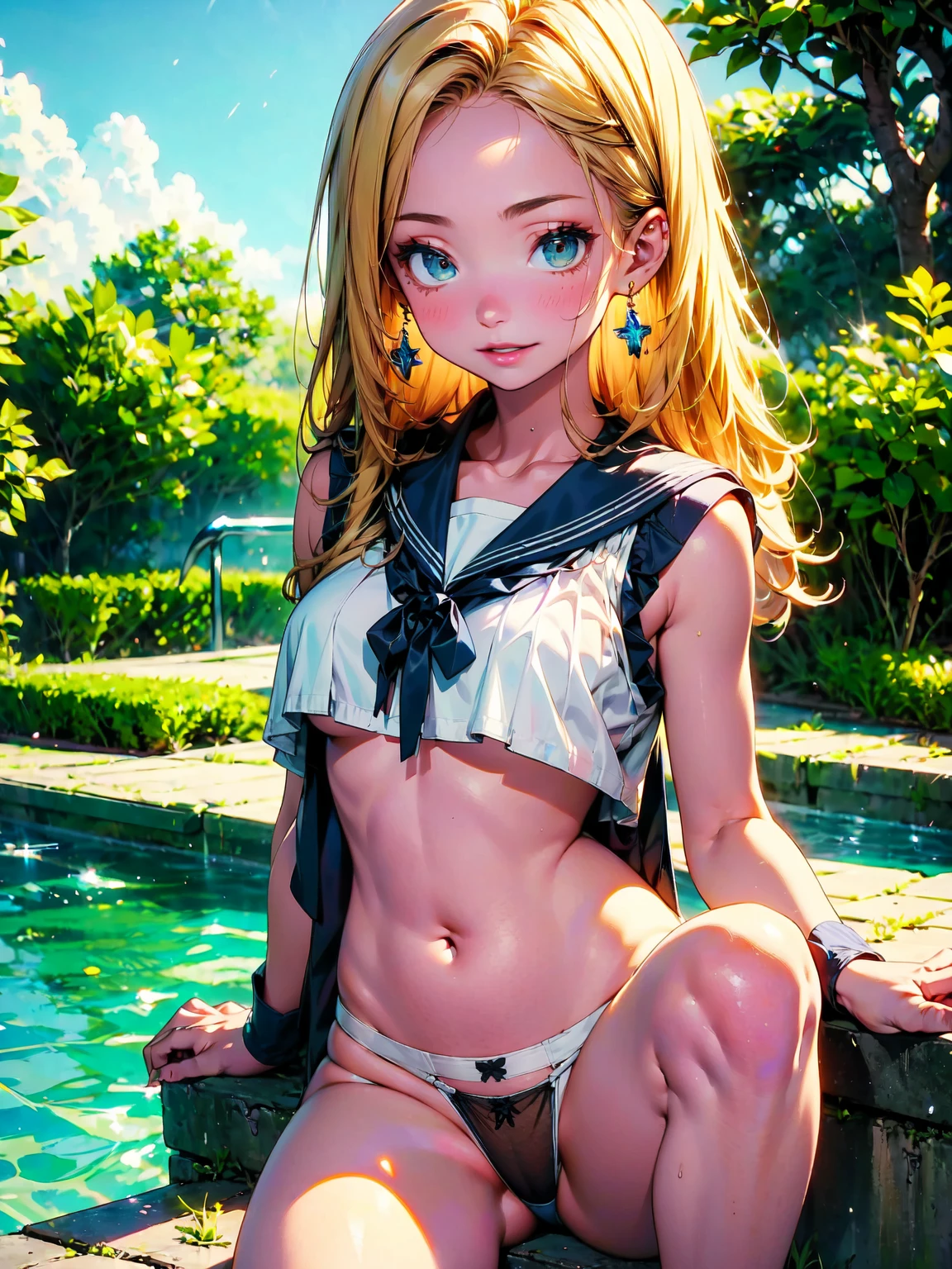 1 lady, HD quality, anime, solo full body shot, beautiful detailed face, (sitting with hands back:1.3), (open legs to limit:1.3), (with one knee up:1.3), (showing pubic area:1.6), (under boob:1.5), (Large breasts), (cleavage), shiny skin, (oiled skin:1.5), smiling, (thin thighs:1.8), (Sailor uniform only for the upper body:1.5), (Crop Top sheer white shirt:1.5), (sleeveless:1.6), without brassiere, (sheer white tiny micro thong:1.5), poolside, (Green detailed eyes), blue sailor collar, high-heeled shoes, red ribbon tie