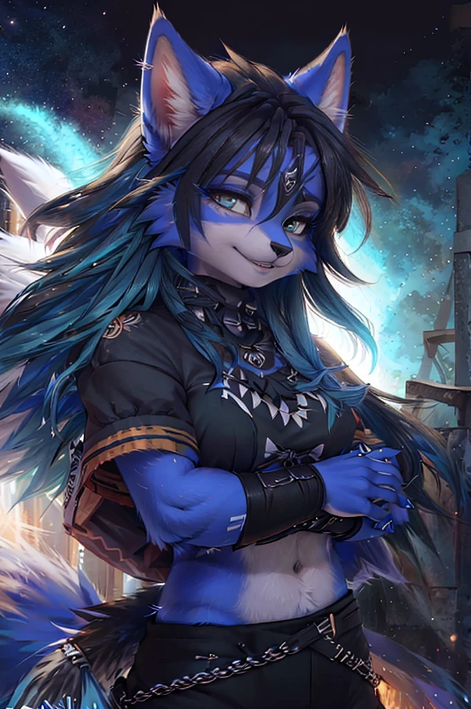 A beautiful and detailed (sweet portrait) wa ((Krystal)), Star Fox Krystal, sslim, lovable, green eyes, medium breasts, (((Long blue hair 1.3))),  ((black hair tips)), Decollete, grin, look up,, anthro, furry, Uploaded E621, detailed fluffy fur, (wa Fluff-Kevlar, Bayard Wu, Personalami, Pino Daeni), detailed face, (fluffy), 1 girl, alone,  Tribal clothing, sweet girl, 
