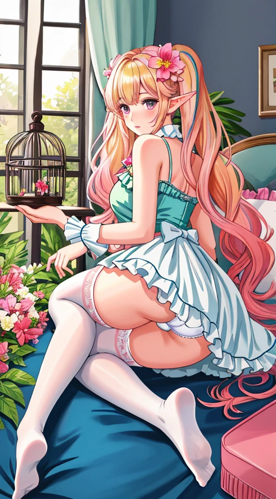 (mature woman:1.2),solo,pointy ears,,,thighhighs,looking at viewer,multicolored hair,gradient hair,elf,,dress,long hair,birdcage,feet,blonde hair,flower,soles,bangs,pink hair,no shoes,hair ornament,hair flower,white thighhighs, shoulders,realistic,sitting,twintails,closed mouth,white ,toes,lips,low twintails,frills,looking back,full body, ((masterpiece)), (high quality), (best quality), (detailed), hd, perfect lighting, detailed face, detailed body