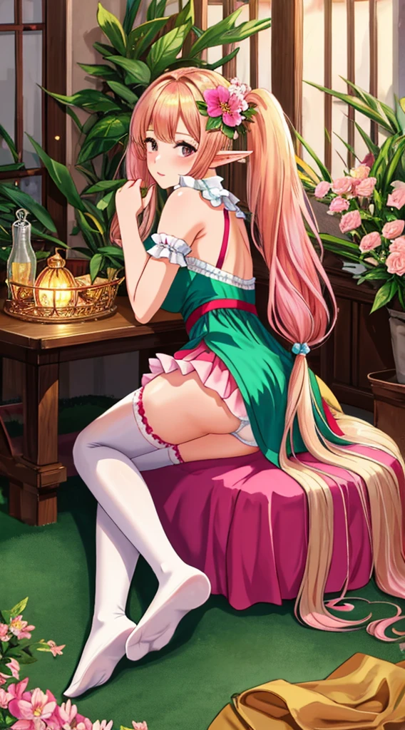 (mature woman:1.2),solo,pointy ears,underwear,panties,thighhighs,looking at viewer,multicolored hair,gradient hair,elf,ass,dress,long hair,birdcage,feet,blonde hair,flower,soles,bangs,pink hair,no shoes,hair ornament,hair flower,white thighhighs,bare shoulders,realistic,sitting,twintails,closed mouth,white panties,toes,lips,low twintails,frills,looking back,full body, ((masterpiece)), (high quality), (best quality), (detailed), hd, perfect lighting, detailed face, detailed body