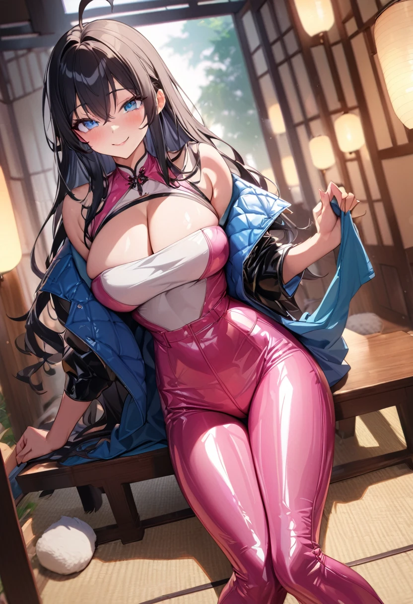 A woman wearing a yellow long-sleeved jacket, See-through Shiny blue jacket, Glossy leather jacket, Black Hair, Ahoge, Long Hair, blue eyes, ???????????, Shiny pink leather pants, smile, Japanese Garden、Lighting..超High resolution , Main Work , Accurate , Anatomically correct , Textured skin , Super Detail , high quality , 最high quality, 8K, High resolution, Bokeh effect. (One female)
