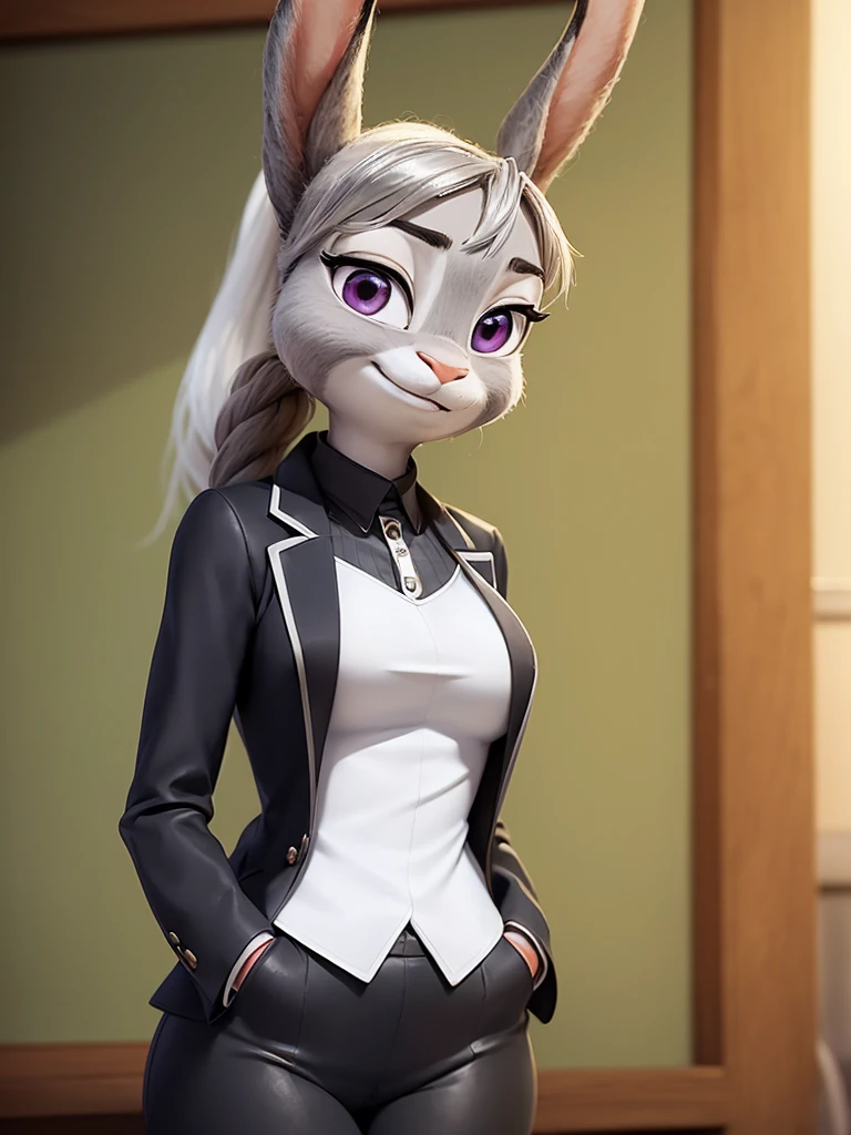 best quality, masterpiece, 3D anime, (((solo))), (((1girl))), ((Face is JudyHopps)), (long ears like a rabbit:0.8), Heir is in a black ponytail style, Body is human lady,
She is a new employee,
Hers outfit is business suit, She is wearing a black jacket over a white blouse and a black skirt, (the suit is made of wool:1.4), ((skin is silver with fluffy and fluffy)), (portrait view), In the background there is a green leaves, ((Her expression shows a fresh fresh smile))
