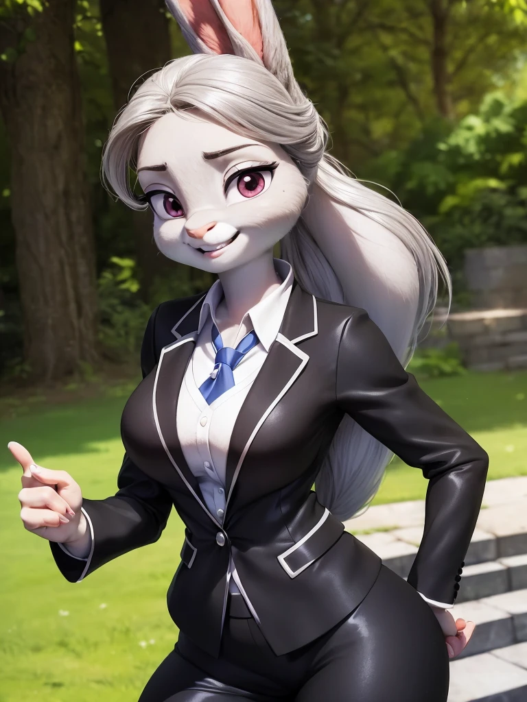 best quality, masterpiece, 3D anime, (((solo))), (((1girl))), ((Face is JudyHopps)), (long ears like a rabbit:0.8), Heir is in a black ponytail style, Body is human lady,
She is a new employee,
Hers outfit is business suit, She is wearing a black jacket over a white blouse and a black skirt, (the suit is made of wool:1.4), ((skin is silver with fluffy and fluffy)), (portrait view), In the background there is a green leaves, ((Her expression shows a fresh fresh smile))