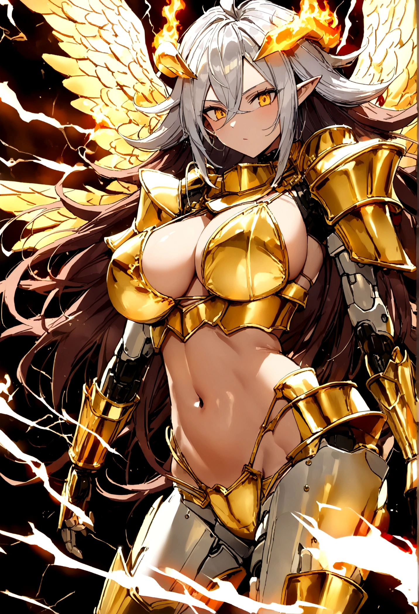 ((Lightning Power)), ((Electricity)), ((Fire Background)), ((Lightning Storm)), ((Power Erupting)), (((((android 21))))), ((((Black Hole Rasengan)))), (((Evil Power))), (((white Coat))), (((Busty))), (((((Big breast:1,3)))), luxury bustier corset, (((silver hair))), (((Very slim waist))), propotional body, ((Gorgeous)), (((Fire Blazing Horns))), ((((gold wings))), masterpiece, hyperdetail, ambient effect, digital effect, (((Fire Gold Bikini Armor))), (((Lightning Gold Wings)))