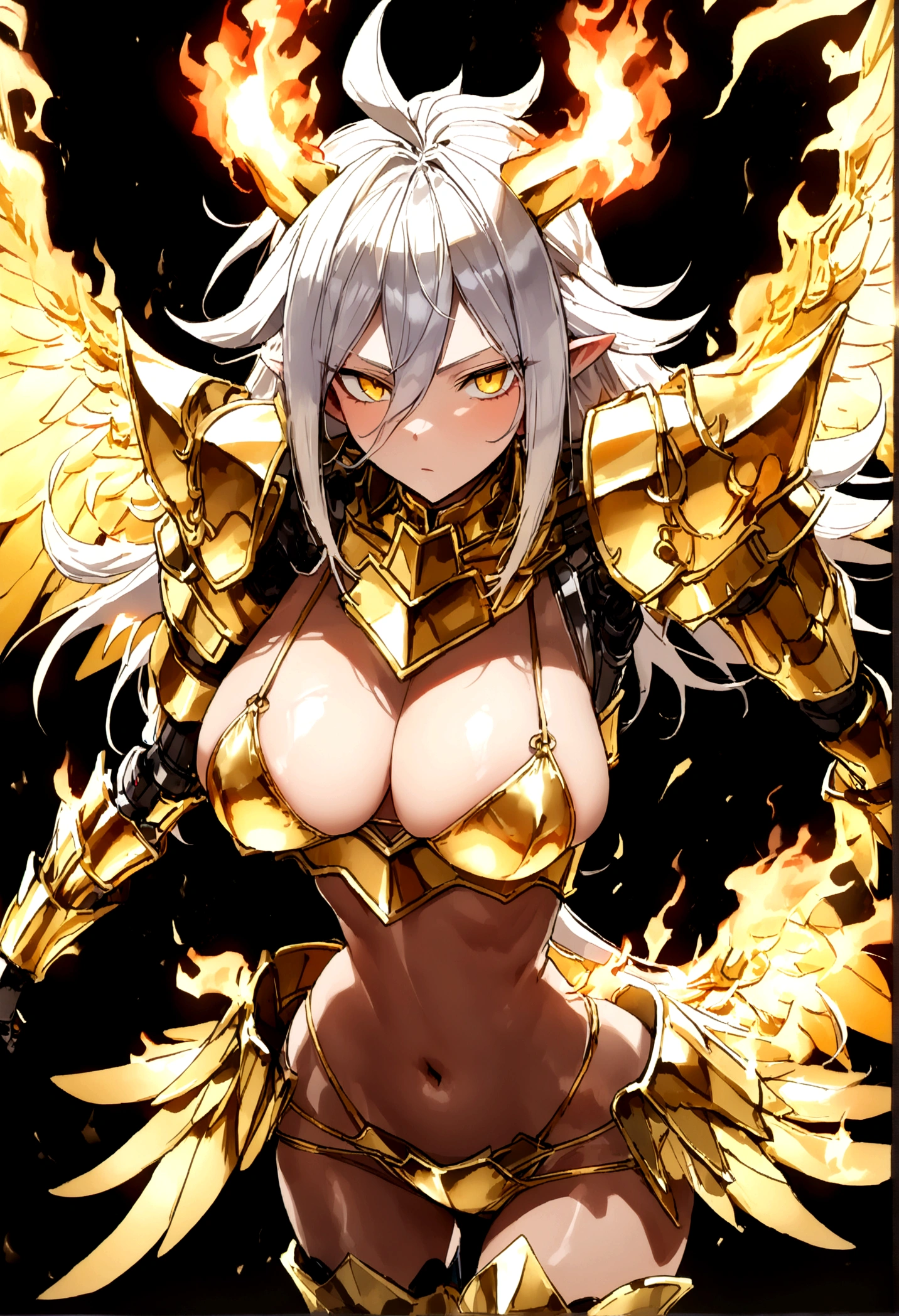 ((Lightning Power)), ((Electricity)), ((Fire Background)), ((Lightning Storm)), ((Power Erupting)), (((((android 21))))), ((((Black Hole Rasengan)))), (((Evil Power))), (((white Coat))), ((())), (((((Big :1,3)))), luxury bustier corset, (((silver hair))), (((Very slim waist))), propotional body, ((Gorgeous)), (((Fire Blazing Horns))), ((((gold wings))), masterpiece, hyperdetail, ambient effect, digital effect, (((Fire Gold Bikini Armor))), (((Lightning Gold Wings)))