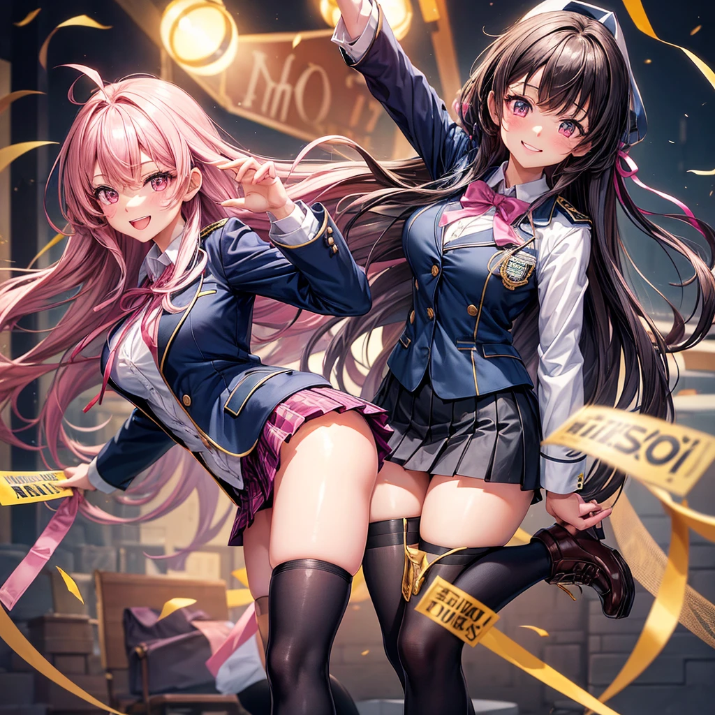 best quality,8K,smile,blazer,ribbon on uniform,mini skirt,high school girl,multiple girls are depicted,Harem,idol group,photo shoot,long hair,wearing a cardigan,highest quality,big breasts,happy girl,horny girl,pink eyes,perfect face,standing position,I have my hands in my pockets,letting down one's bangs,beautiful eyes,gym,girls hugging each other,smooth hair,multicolored hair colors,naughty girl,beautiful girl,beautiful girl,loose socks