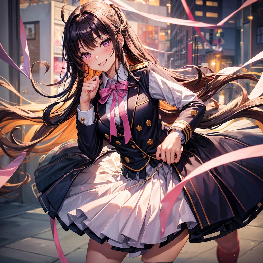 best quality，8K，smile，blazer，ribbon on uniform，mini skirt，high school girl，multiple girls are depicted，Harem，idol group，photo shoot，long hair，wearing a cardigan，highest quality，big breasts，happy girl,horny girl，pink eyes，perfect face，standing position，I have my hands in my pockets，letting down one&#39;s bangs，beautiful eyes,gym,girls hugging each other,smooth hair，multicolored hair colors，naughty girl，beautiful girl，beautiful girl，loose socks