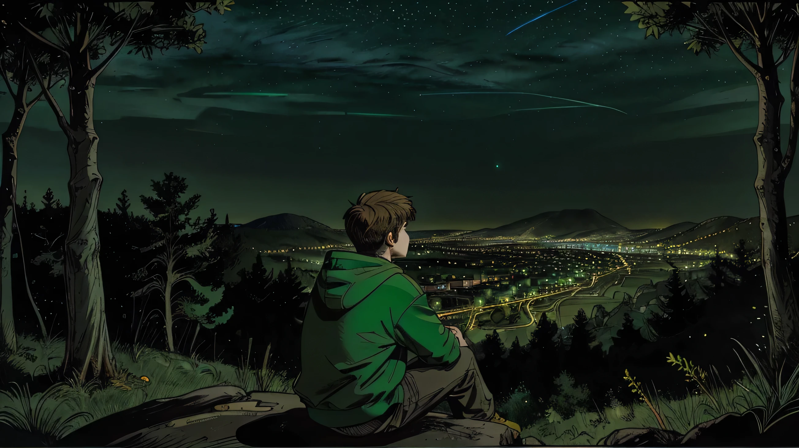 a 21 years old boy and wearing a green colored hoodie sitting at the edge of hillside from medium range, in front of him, there will be a city where lights are everywhere from a long distance. Every line and shading brings out his distinctive features. The background showcases a evening sky, with trees everywhere. (his left side will be visible)