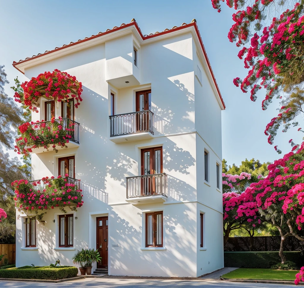 PLATFORM KTHOUSE, Many beautiful red flowers along the road:1.3, romantic, 1MORDEN house, The town house is made from white walls, beautyful light, beautyfulday, sunny, Many red bougainvilleas along the road:1.3, lovely youthful feeling :1.2, sunlight at 12 noon, Very beautiful shadows, 