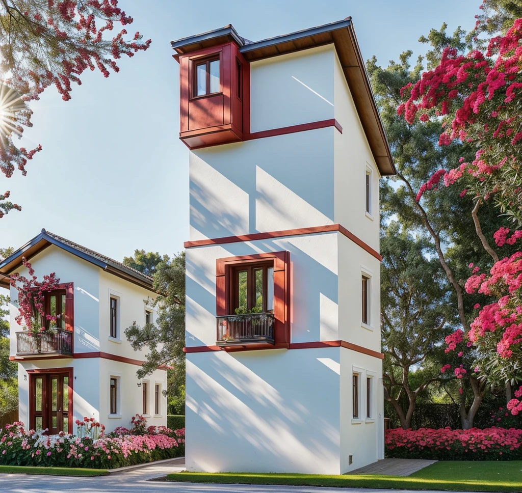 PLATFORM KTHOUSE, Many beautiful red flowers along the road:1.3, romantic, 1MORDEN house, The town house is made from white walls, beautyful light, beautyfulday, sunny, Many red bougainvilleas along the road:1.3, lovely youthful feeling :1.2, sunlight at 12 noon, Very beautiful shadows,