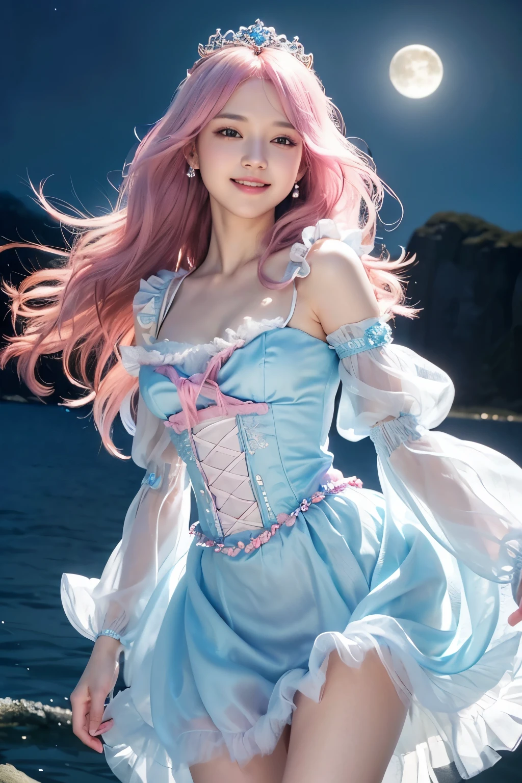 (8K, top-quality, masterpiece:1.2), (reallistic, Photorealsitic:1.37), Super Detail, One girl,), (Highly detailed), (beautifully detailed eyes), (of the highest quality), (super detailed ), (masterpiece), (Detailed face),20yr old, ,1 girl, ((pink hair,long hair)), medium breasts, clothed, Perfect Lighting, BREAK, (princess dress:1.5), (Cinderella:1.5), (fairytale, fantasy:1.3), (sky blue:1.2), (pastel pink:1.2), (white:1.2), (fur shawl:1.2), (corset:1karang), (puff sleeves:1.3), (organza blouse:1.2), (tulle skirt:1.3), (gradient colors:1.2), (wide lace trim:1.2), (ribbons:1.2), (beads:1.1), (glass slippers:1.2), (tiara:1.2), (star and moon motifs:1.2), (magic, dreams:1.1), BRAKE, (upper body to thighs:1.2), (long pink hair:1.2), (waves:1.1), (elegant fantasy style:1.1), (smiling gently:1.2), (face turned slightly:1.1), (right foot forward:1.1), (holding skirt:1.1), (white castle background:1.3), (polar bear:1.2), (dreamy lighting:1.2)
