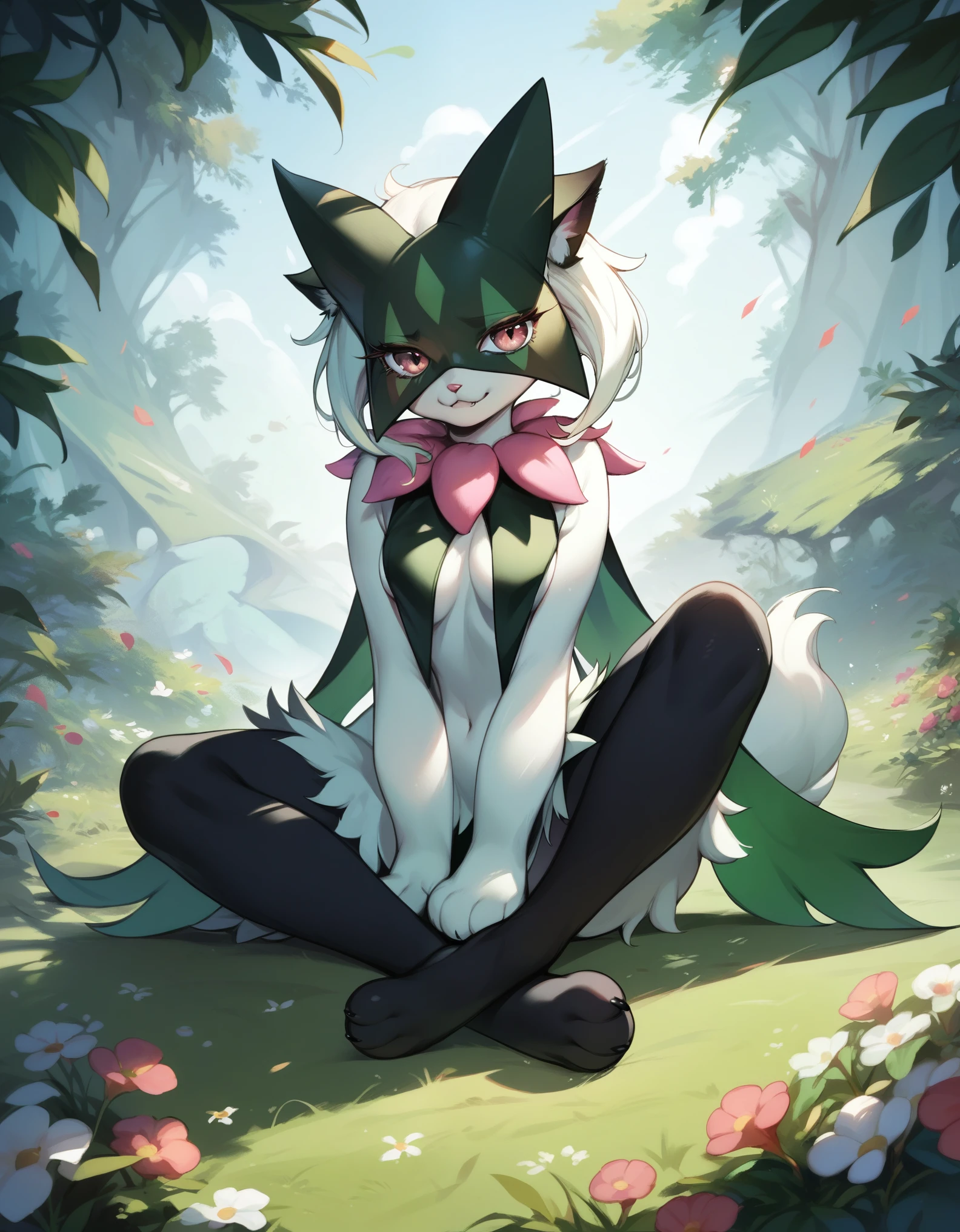 score_9,score_8_up,score_7_up,score_6_up,score_5_up,score_4_up,portrait,feral,full body,epic,gradient background,sitting, Meowscarada,grass background, paws, black legs