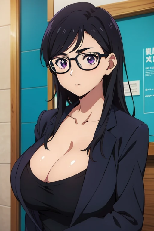 anime cels style, best quality, high resolution,1girl, minakatahizuru, (black hair:1.1), (purple eyes:0.7), (black-framed eyewear:1.3), (huge breasts:1.2), cleavage, black jacket, black suit