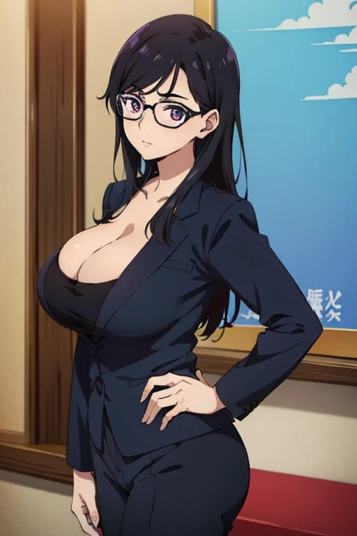 anime cels style, best quality, high resolution,1girl, minakatahizuru, (black hair:1.1), (purple eyes:0.7), (black-framed eyewear:1.3), (huge breasts:1.2), cleavage, black jacket, black suit