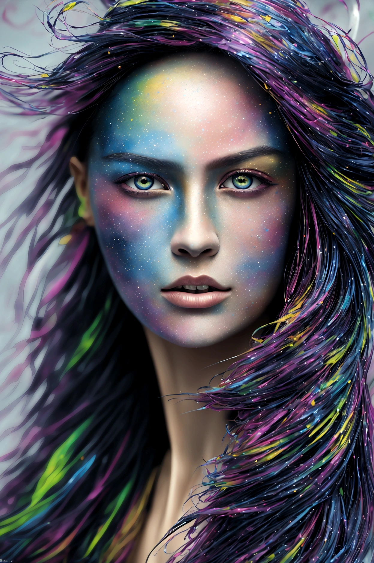 Capturing the wind with liquid ink,Thawed into a whirlwind of Pointillism, Traverse the spectrum of multiple random colors, 4k concept art, Extreme detail, Wheels within wheels, luminous canvas, sports, Dynamic, sharp glossy focus, create a perfect female face with Wheels within wheels detail, Gorgeous, best quality, masterpiece
